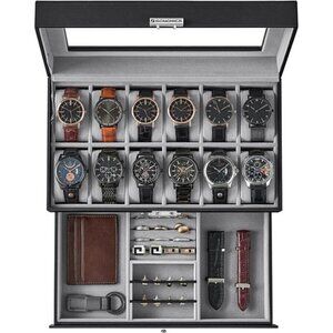 Luxury Watch Box 12 Slot Organizer Black Leather Glass